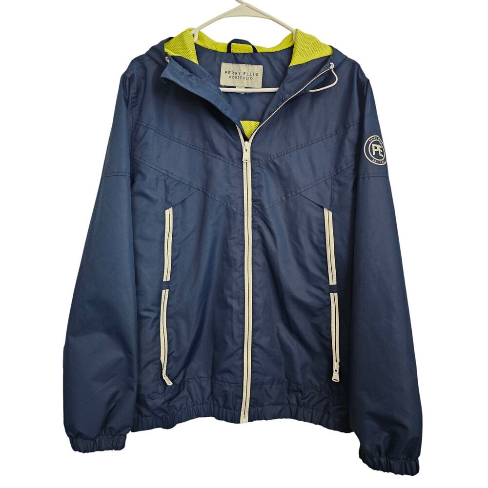Perry Ellis Portfolio Navy/Yellow Hooded Zip Up Windbreaker Jacket Size Medium